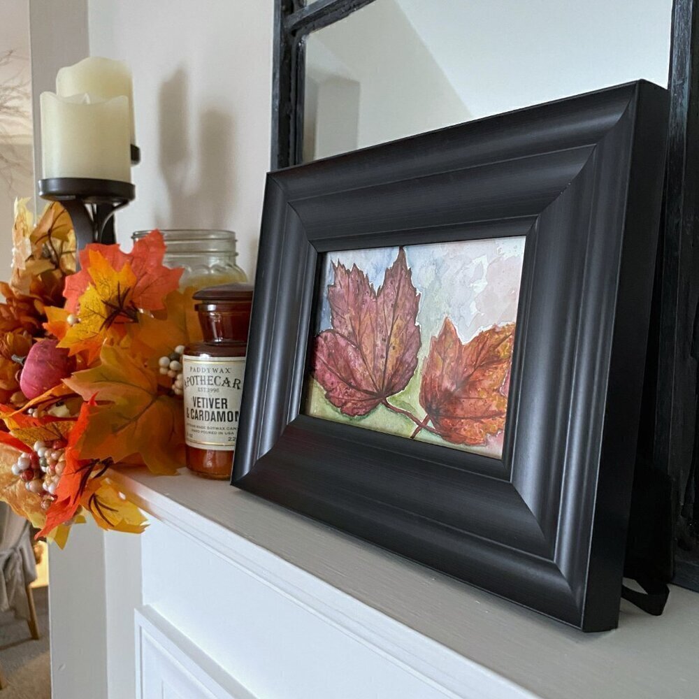 Framed Original Watercolor - Black Frame - Fall Autumn Leaves Colorful - Picture 4 of 5